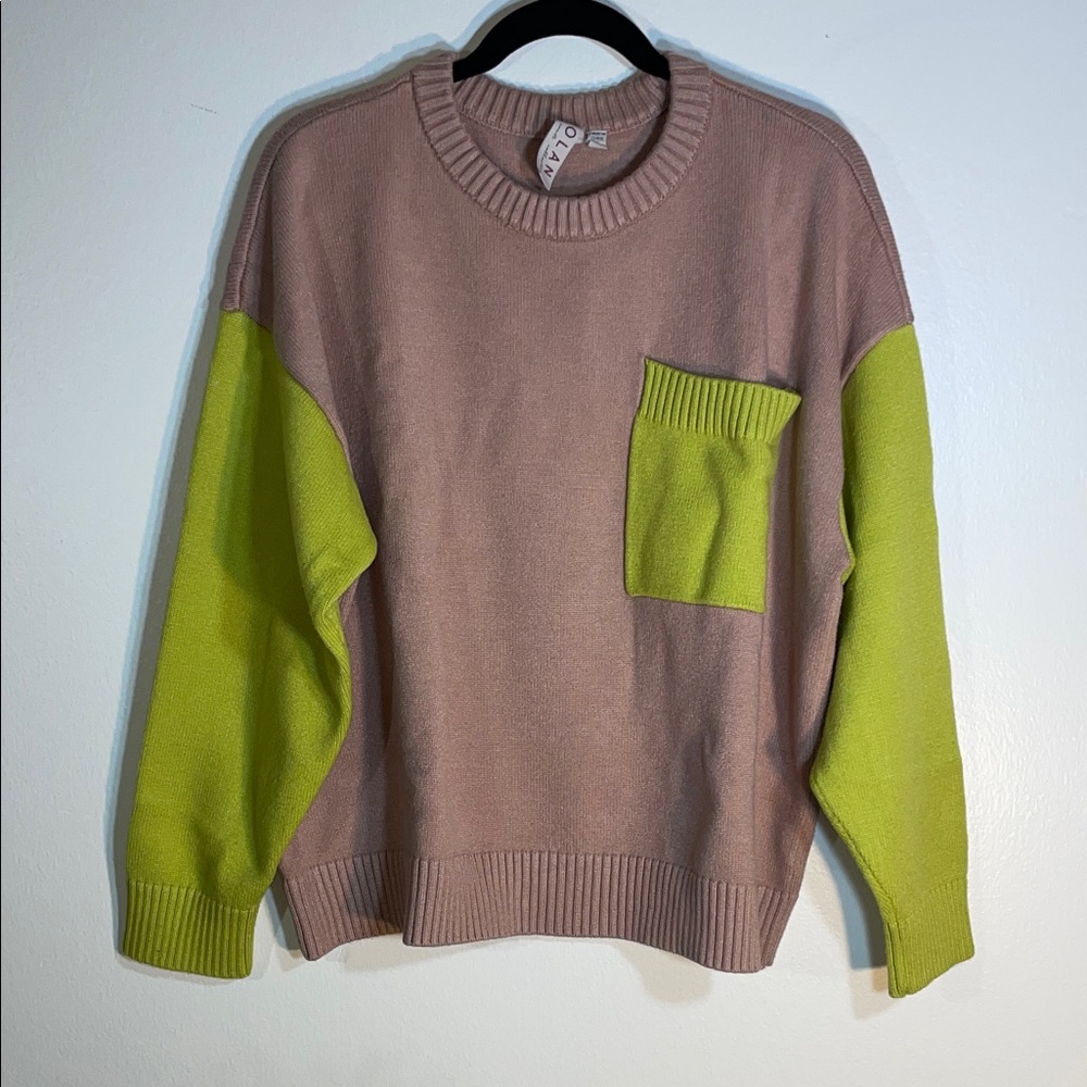 Dolan x Anthropologie Colorblock Sweater L Taupe Lime Green Pocket Crewneck Knit